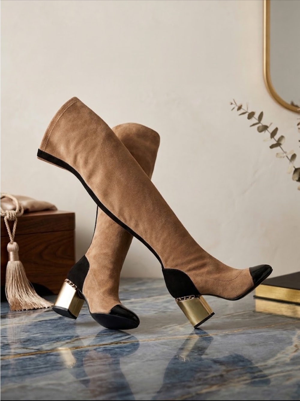 CHANEL Tan Suede Over-the-Knee Boots with Black Accents and Gold Block Heel